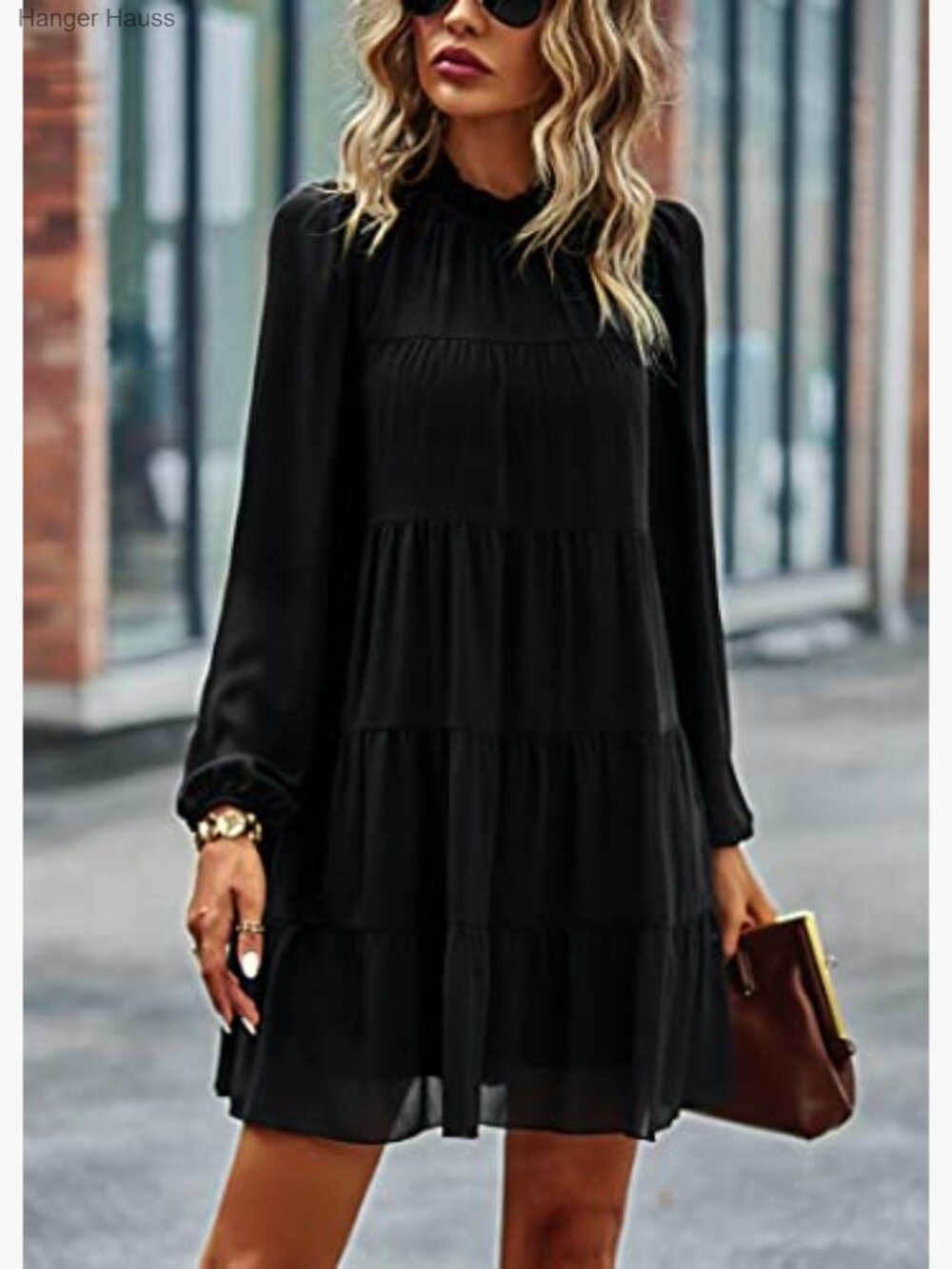 Long Sleeve Babydoll Dress Ruffle Mock Neck Tiered Mini Swing Shift Dress Loose - Picture 6 of 7